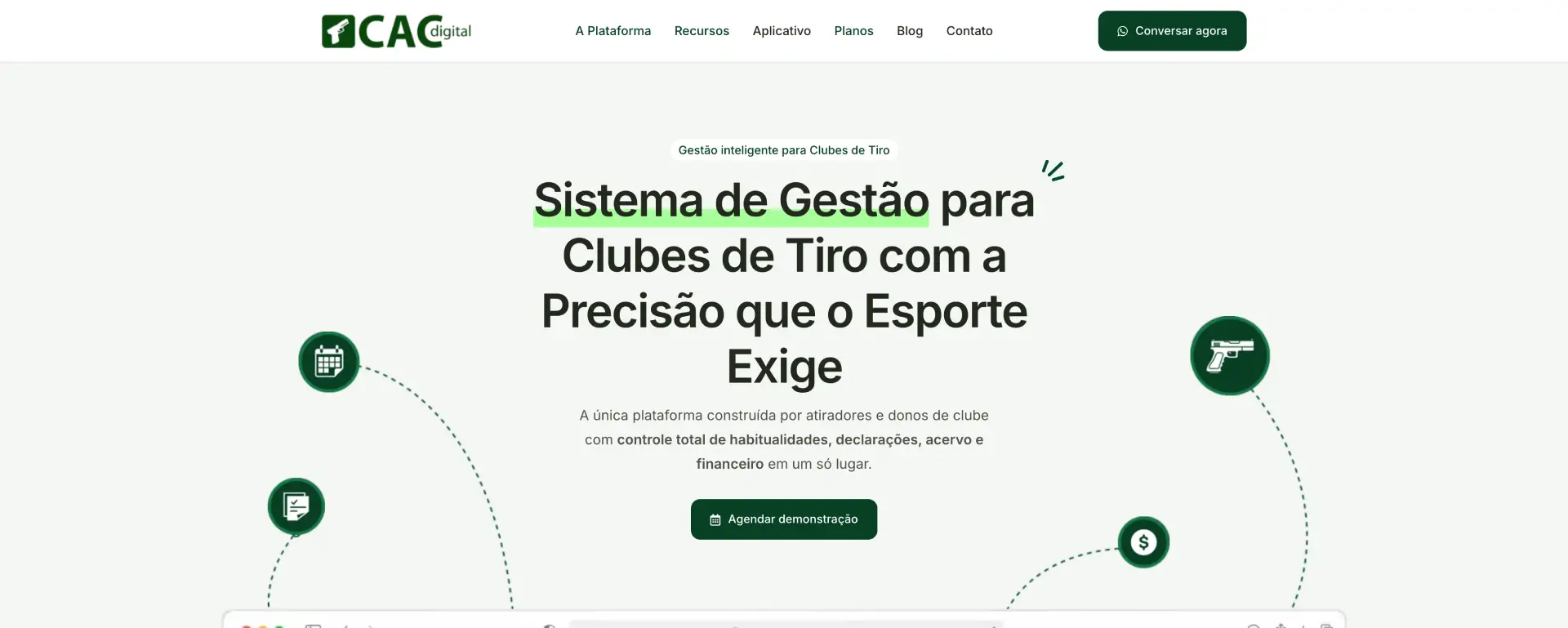 Site institucional CAC Digital, sistema de gestão para clubes de tiro
