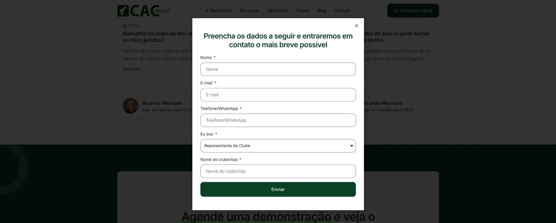 Formulário de contato para captação de lead do sistema