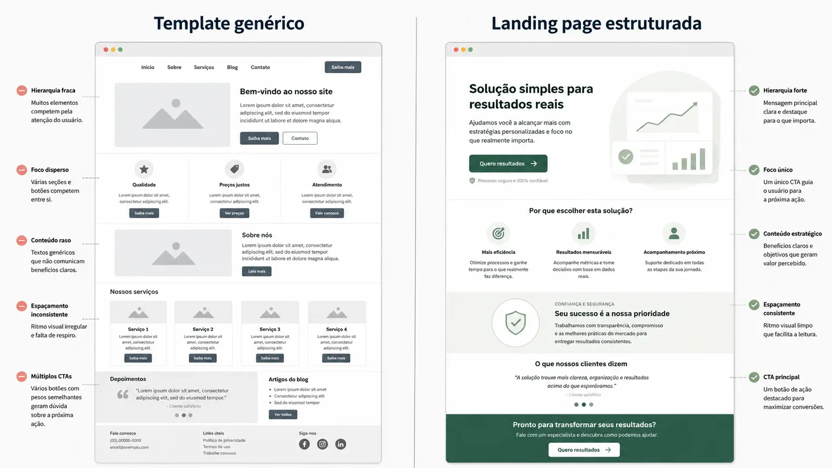 Comparação entre landing page genérica de template e landing page estratégica bem estruturada