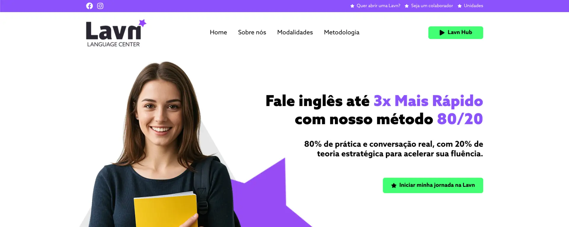 Site da Lavn, escola de inglês com método próprio, desenvolvido pela Futuring®