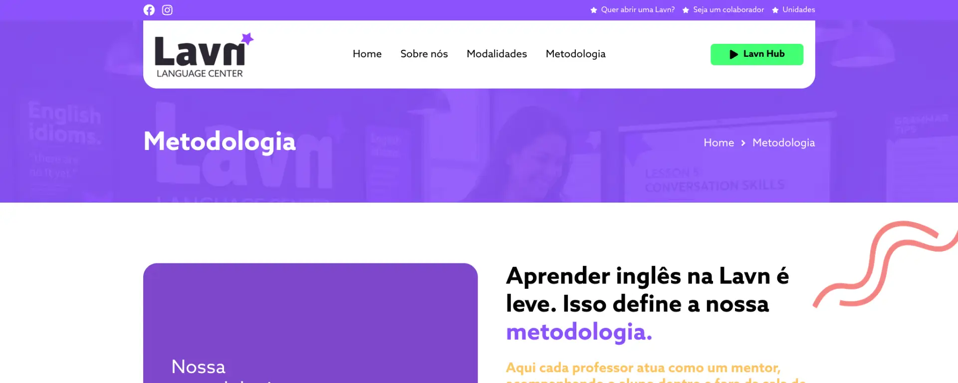 Página de metodologia da escola de inglês Lavn