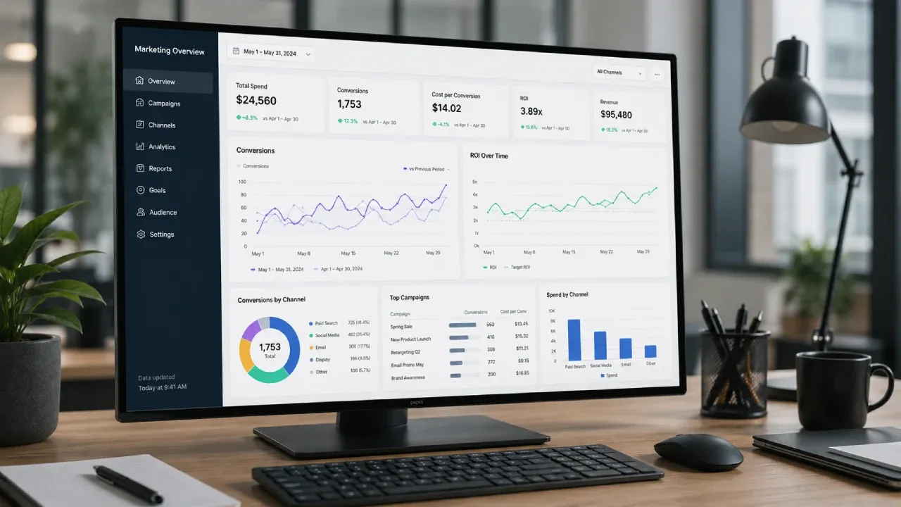 Dashboard de métricas reais usado para avaliar performance de agência de marketing