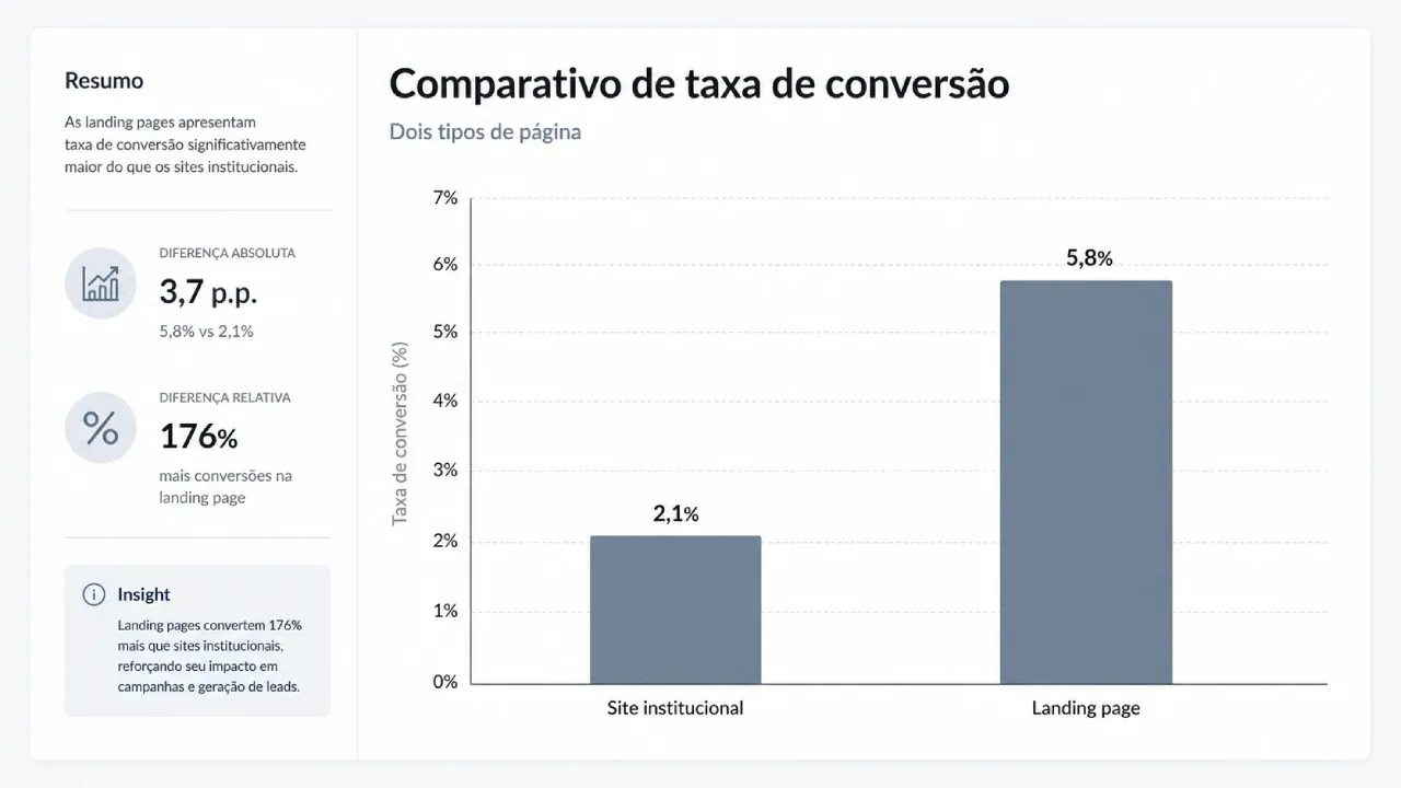 Gráfico de um caso exemplo comparando taxa de conversão entre landing page e site institucional