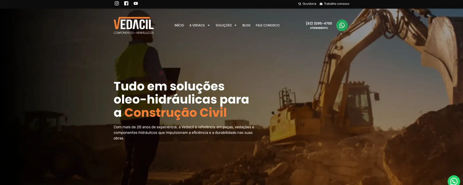 Página focada em soluções óleo-hidráulicas para a construção civil