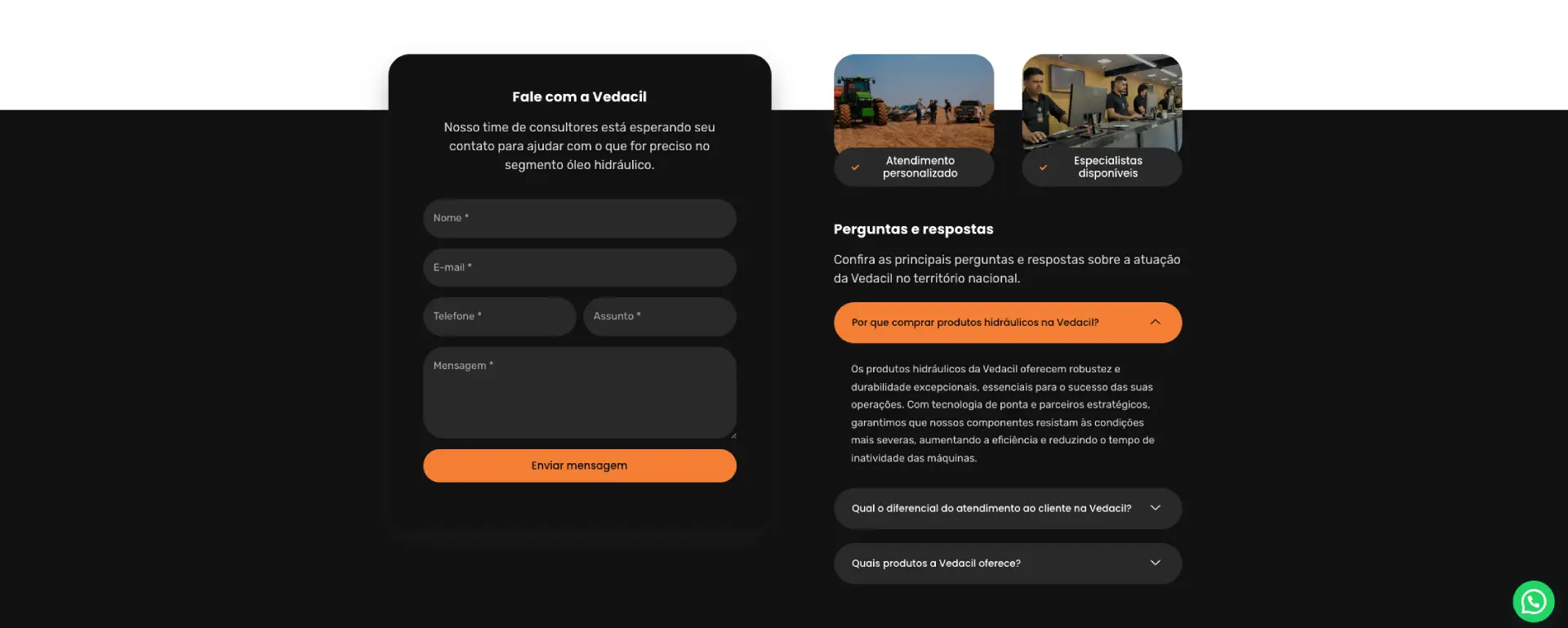 Seção de FAQ com perguntas e respostas sobre a operação da Vedacil