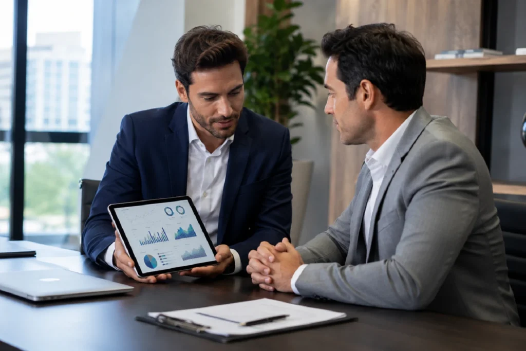 Empresário avaliando relatório de métricas de agência de marketing digital em Goiânia