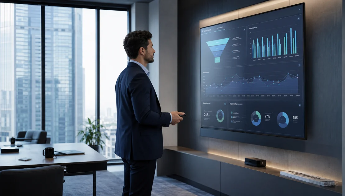 Gestor comercial analisando dashboard de automação com IA em operação de vendas B2B