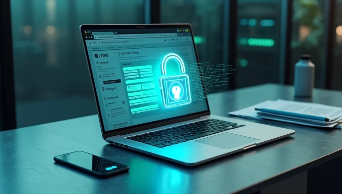 Cadeado digital protege navegador com ícones de dados B2B ao redor
