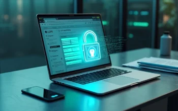 Cadeado digital protege navegador com ícones de dados B2B ao redor