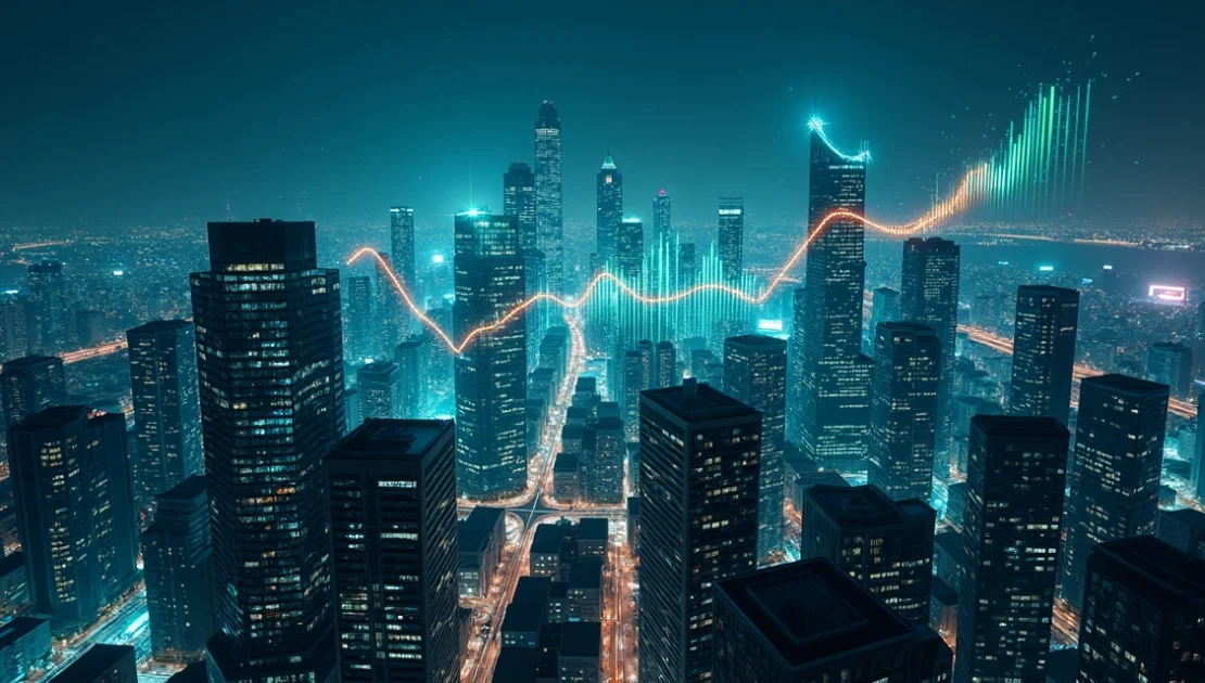 Panorama noturno de cidade conectada por redes digitais e gráficos de crescimento