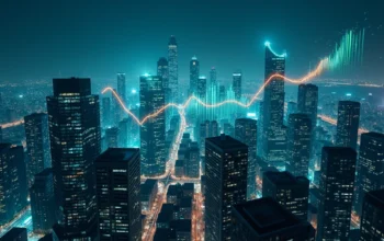 Panorama noturno de cidade conectada por redes digitais e gráficos de crescimento