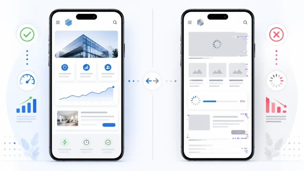 Comparação visual entre site corporativo rápido e site lento em dispositivo móvel