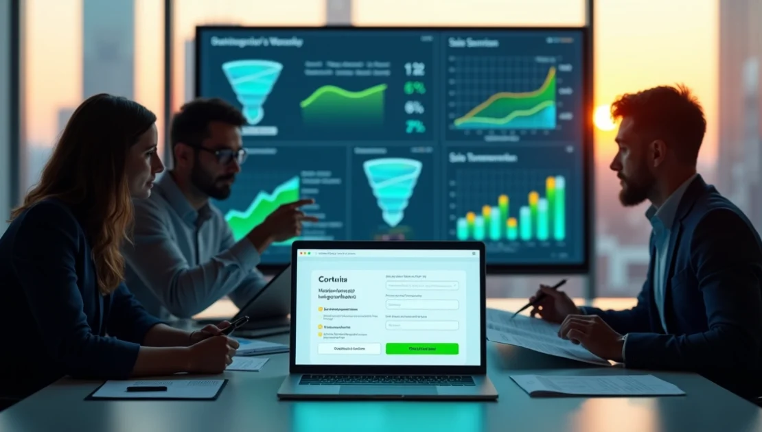 Profissionais B2B analisam landing page com funil de leads em painel digital