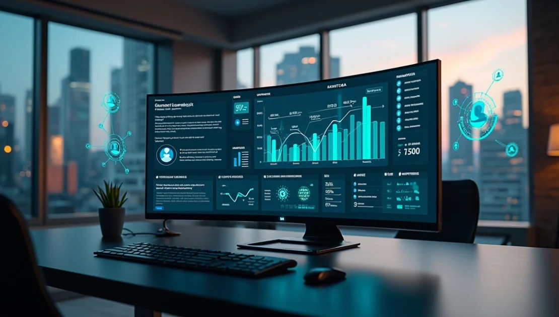 Painel digital com fluxos de campanhas B2B de retargeting em escritório moderno
