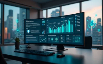 Painel digital com fluxos de campanhas B2B de retargeting em escritório moderno
