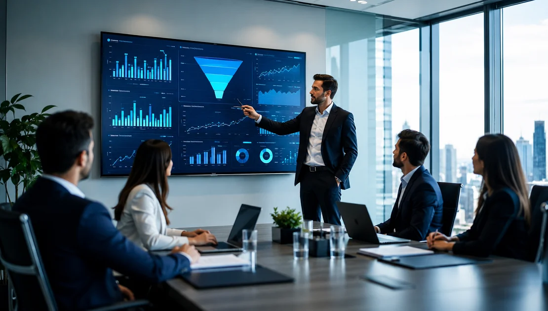 Gestor comercial analisando dashboard de inteligência de dados em operação de vendas B2B