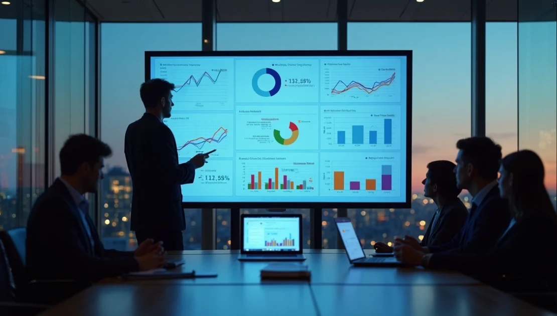 Gestor analisa painel de métricas de automação comercial em sala de reunião moderna