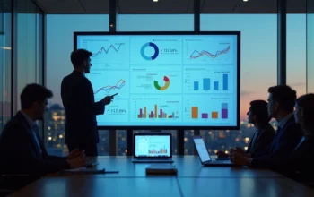 Gestor analisa painel de métricas de automação comercial em sala de reunião moderna
