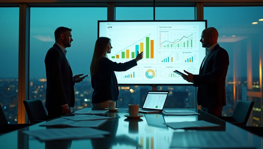 Gestores B2B analisando painel digital de LTV em sala de reunião moderna