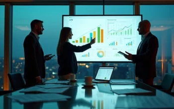 Gestores B2B analisando painel digital de LTV em sala de reunião moderna