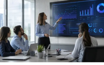 Equipe analisando dashboard de retenção de alunos em plataforma EAD