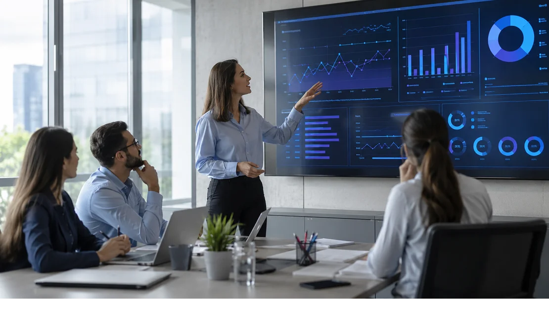 Equipe analisando dashboard de retenção de alunos em plataforma EAD