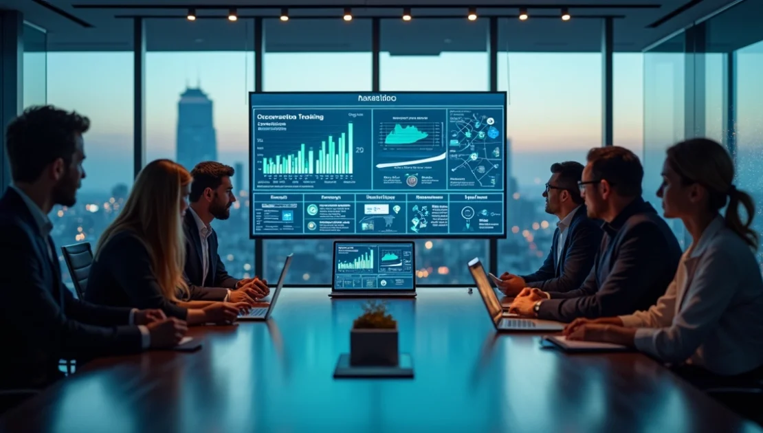 Equipe executiva analisando painel de SEO B2B em sala de reunião moderna
