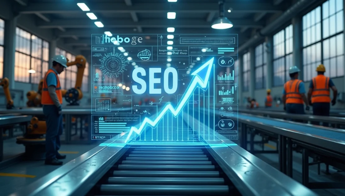 Linha de produção industrial com sinais digitais de SEO e dados em ambiente futurista