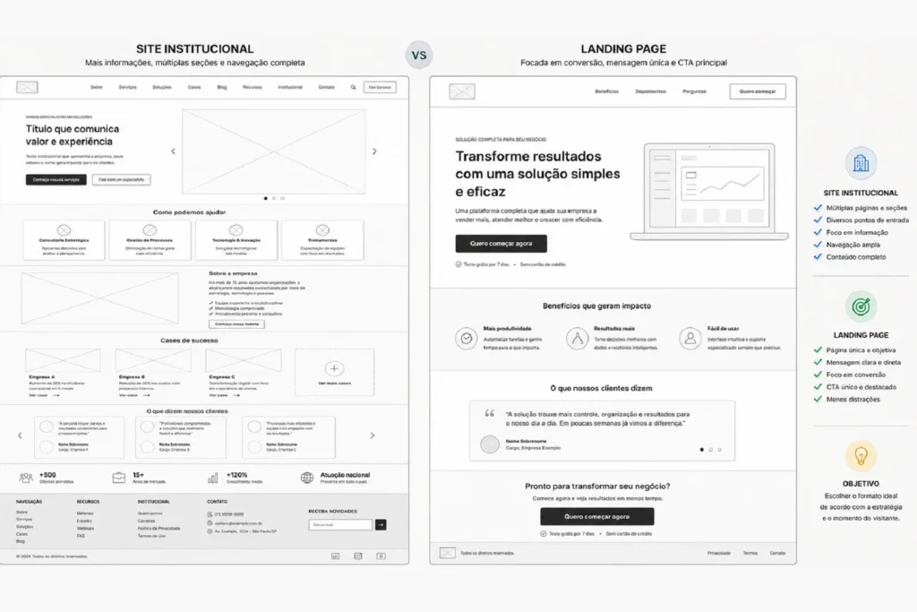 Comparação estrutural entre site institucional e landing page