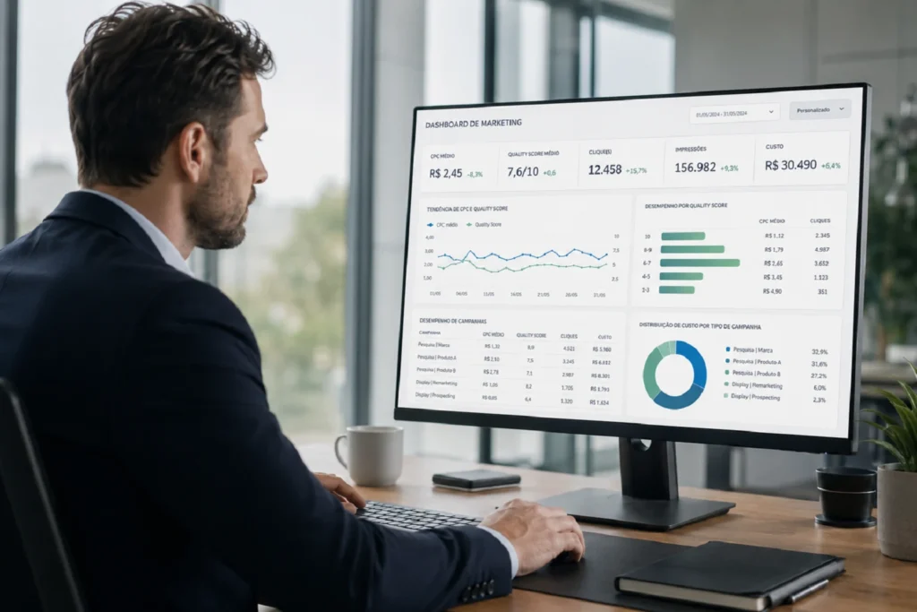 Executivo analisando o custo por lead de campanhas de tráfego pago sem base de SEO