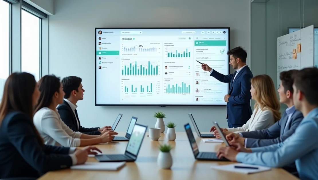 Equipe corporativa participa de treinamento EaD em sala com grande tela digital