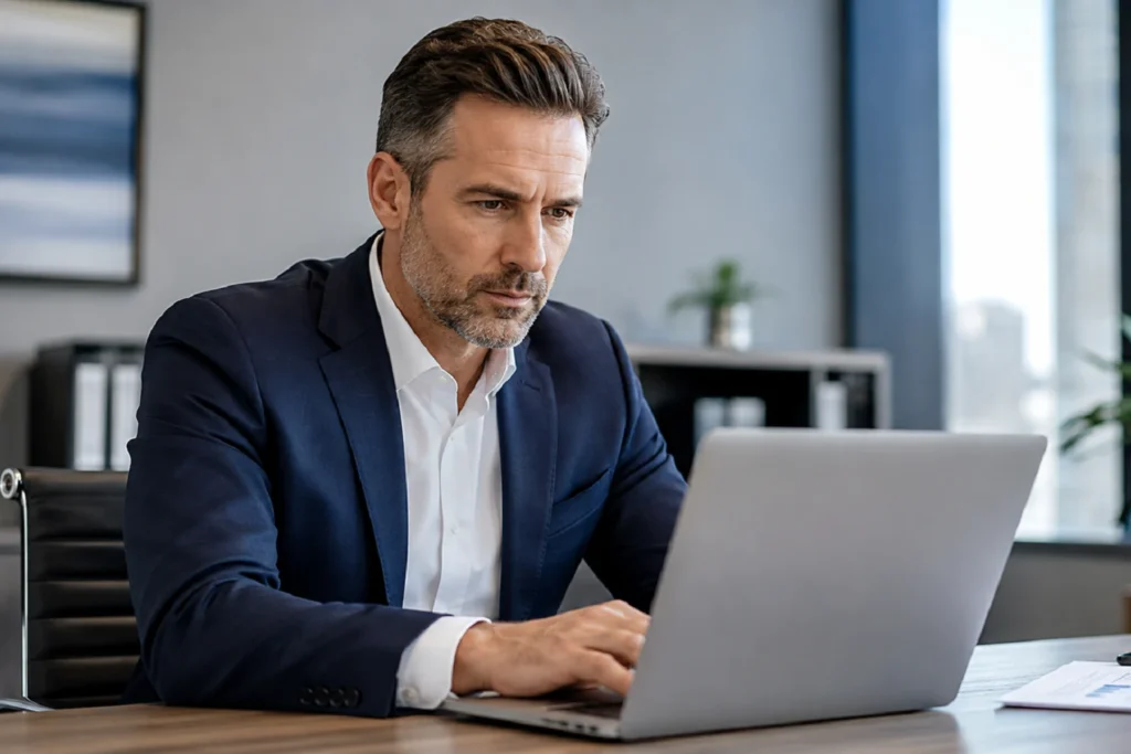 Executivo de vendas analisando painel de CRM em notebook após mudanças na fiscalização da ANPD