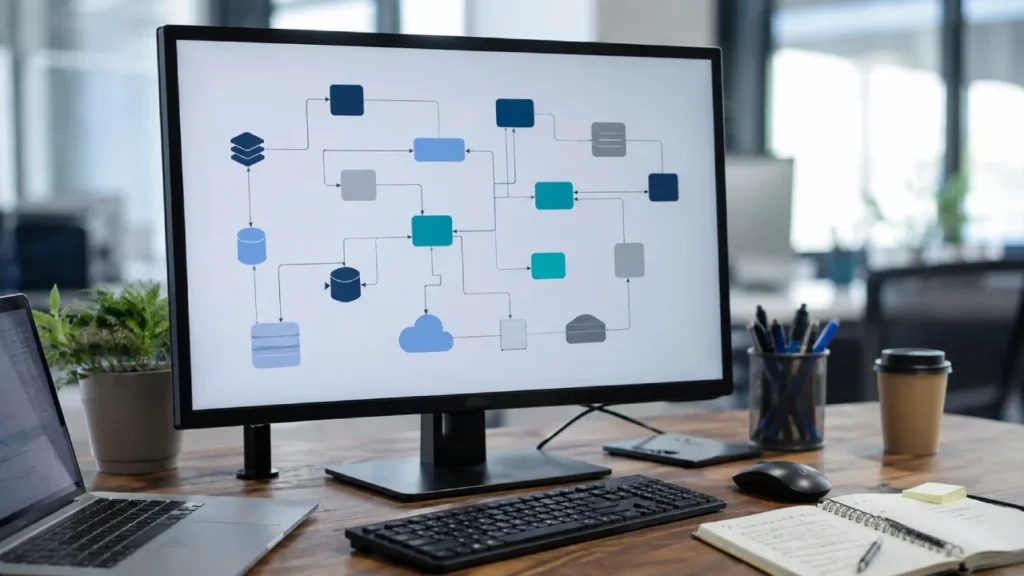Diagrama de integração entre sistemas representando conexão entre CRM, ERP e automações