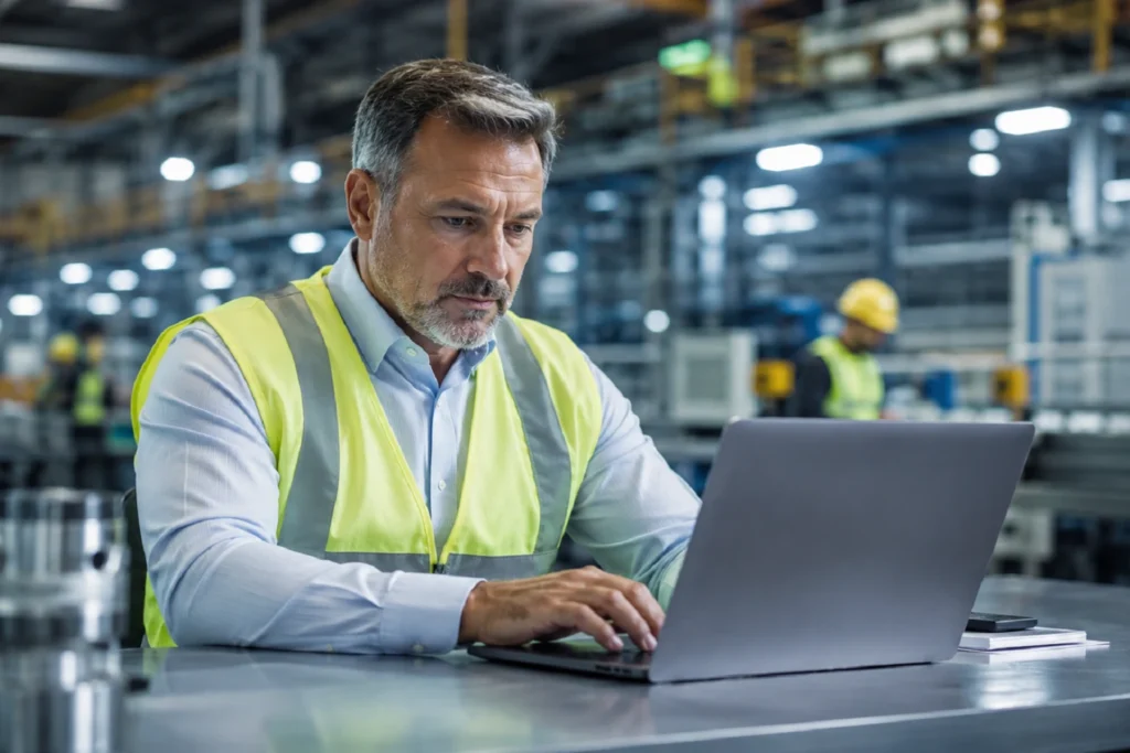Engenheiro industrial pesquisando fornecedores online dentro de uma fábrica, ilustrando o comportamento do comprador B2B industrial