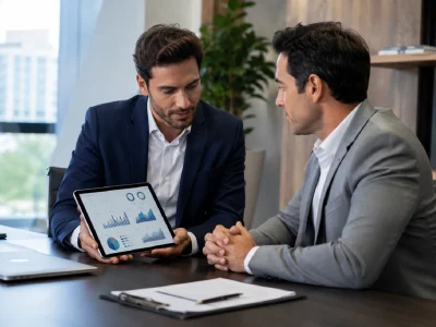 Empresário avaliando relatório de métricas de agência de marketing digital em Goiânia
