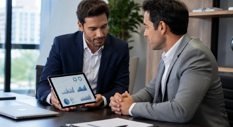 Empresário avaliando relatório de métricas de agência de marketing digital em Goiânia