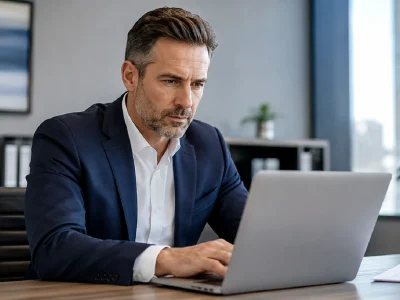 Executivo de vendas analisando painel de CRM em notebook após mudanças na fiscalização da ANPD