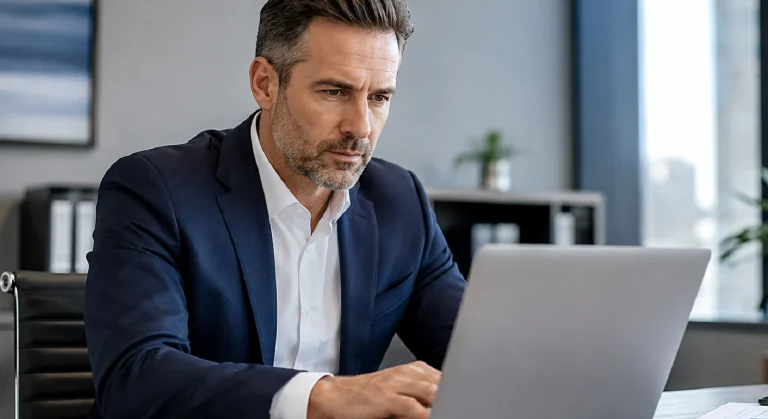 Executivo de vendas analisando painel de CRM em notebook após mudanças na fiscalização da ANPD