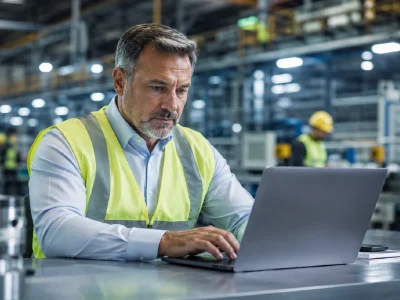Engenheiro industrial pesquisando fornecedores online dentro de uma fábrica, ilustrando o comportamento do comprador B2B industrial