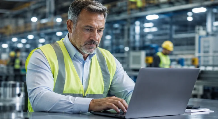 Engenheiro industrial pesquisando fornecedores online dentro de uma fábrica, ilustrando o comportamento do comprador B2B industrial
