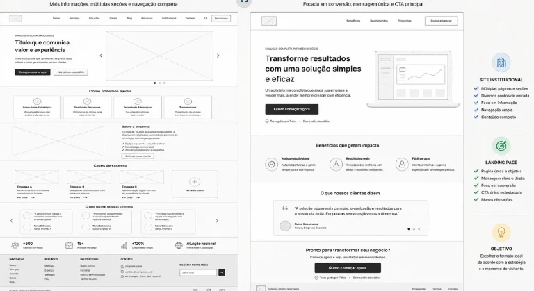 Comparação estrutural entre site institucional e landing page