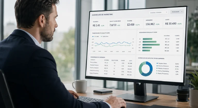 Executivo analisando o custo por lead de campanhas de tráfego pago sem base de SEO